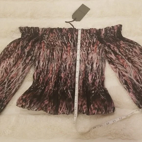 NWT All Saints Lara Smocked Off the Shoulder Top in Rainbow Pink, size 6 - Picture 4 of 10